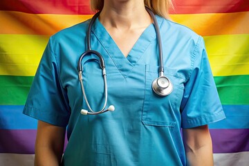 Female doctor wearing a scrubs top with a stethoscope around neck and rainbow flag in pocket