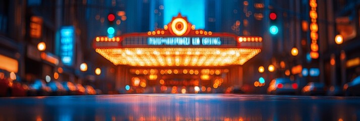Fototapeta premium Majestic city theater with glowing marquee, elegant architecture, set against a softly blurred night sky, inviting ambiance and cultural allure