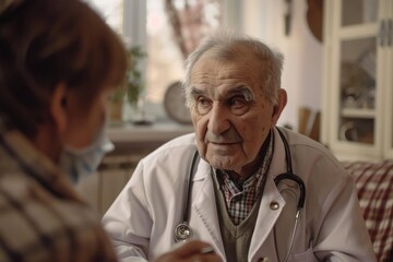 Fototapeta premium Doctor Elderly. Communicating with an Elderly Patient in Home Interior