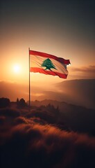 Lebanese flag waving in the green fields of Lebanon 