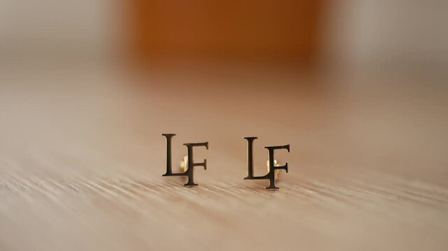 gold cufflinks featuring the initials "LF" on a wooden surface