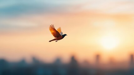 A phoenix flying over a futuristic skyline, symbolizing the renewal of life and the start of a promising future renewal, future concept