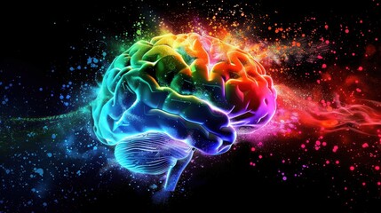 Obraz premium A vibrant, colorful representation of a brain, surrounded by dynamic splashes of light, symbolizing creativity and intelligence.