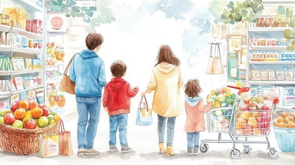A family of four exploring a grocery store, looking at products with joy, colorful shelves in the background.