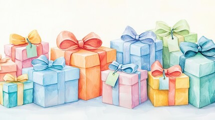 A colorful arrangement of gift boxes with ribbons, perfect for celebrations or holidays.