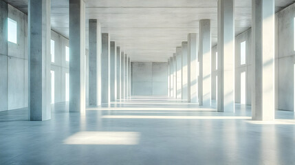 Abstract 3D Render of a Concrete Hallway with Light Shining Through Windows