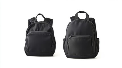 Naklejka premium A black backpack is shown against a white background. It's perfect for preschoolers and you can see both the front and back of it.