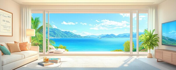 Bright living room with ocean view, tropical plants, and modern furnishings.