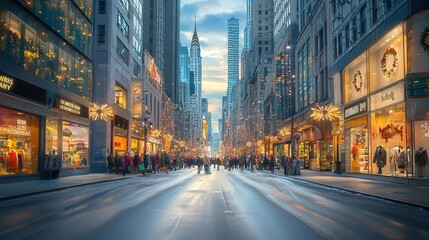 Fototapeta premium Bustling city street at dusk with shops and festive lights in a vibrant urban landscape.