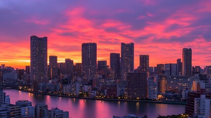 Fototapeta premium Tokyo Skyline at Sunset with Dramatic Pink Clouds and River Reflection