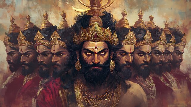 A depiction of the Hindu deity Ravana, a ten-headed demon king.