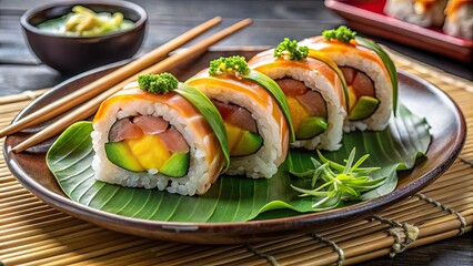 Fresh yellowtail sashimi roll served with creamy avocado, thinly sliced cucumber, and crispy orange masago, garnished with chopsticks on a pristine plate.
