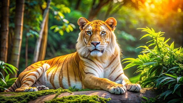 Under the gentle sun, an impressive liger lies at ease, enveloped by verdant greenery, showcasing the tranquility of