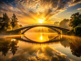 Naklejka premium Golden hues unfold as sunrise crowns an arched bridge, softly bathing its dark silhouette in an ethereal glow, suspended between reality and mystique.