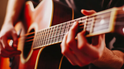 Obraz premium Close-up of hands skillfully playing acoustic guitar indoors during late afternoon light, highlighting musical passion and artistry