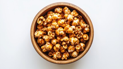 A bowl of caramel popcorn sits on a white background. The popcorn is in a wooden bowl, and the photo is taken from above.