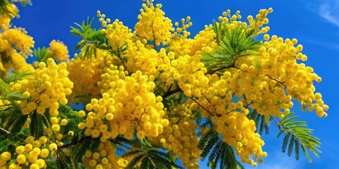 Golden yellow flower clusters boom abundantly on a lush mimosa tree, presenting an captivating display of nature's beauty and vigor.