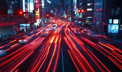 Obraz premium Red light trails on a busy city street.