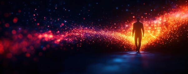 Obraz premium Abstract human figure stepping through a glowing portal, entering a renewed world full of futuristic possibilities new beginnings, renewal future imagery