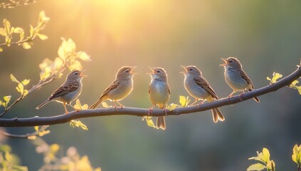 Small Birds Perched on a Branch in Spring