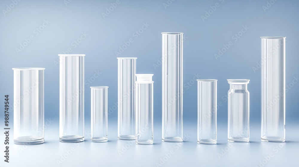 Wall mural clear test tubes and flasks filled with liquid are arranged on a table in a laboratory with a calmin