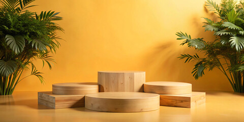 Wooden round cylinder podium stage platform with tree on orange background. Nature and seasonal concept.