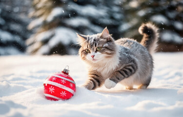 beautiful tabby cat playing with red christmas ball in snow in winter landscape, xmas and pet concept  