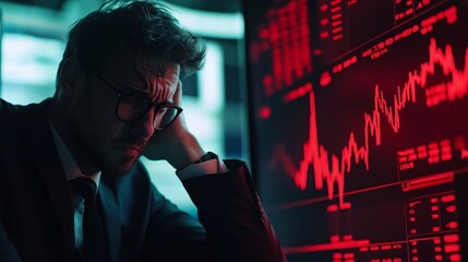 Fototapeta premium Businessman experiencing stress while analyzing stock market data in a dimly lit office in the evening