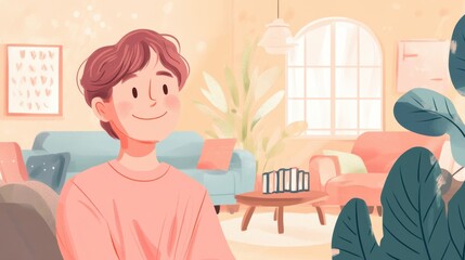 Serene Home Living Room Scene with Smiling Young Man