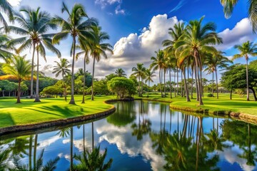 Obraz premium Lush green lawns stretch beneath towering palm trees, their leaves rustling softly in the breeze, as a serene pond adds to the tranquil setting.