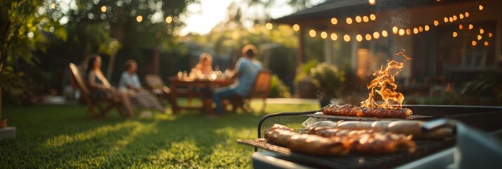 Backyard Barbecue Gathering, friends enjoying grilled food, laughter fills the air, blurred greenery adds a warm atmosphere