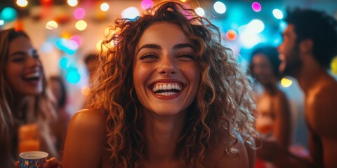 Joyful gathering of friends celebrating, vibrant party decorations create a festive atmosphere, laughter fills the air, warm camaraderie evident