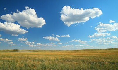 Obraz premium Grass field under a blue sky with clouds.