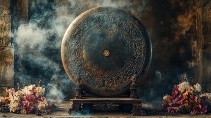 An ancient gong with intricate carvings stands on a wooden stand, framed by wisps of smoke and delicate flowers.