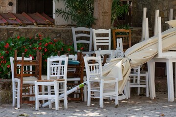 table and chairs on the terrace in Afytos on the Kassandra-Chalkidiki peninsula - Greece
