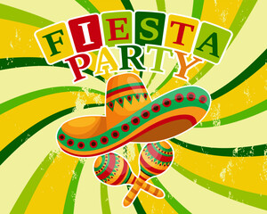 Colorful Fiesta Party banner with symbols of Mexico, sombrero, guitar and maracas on wavy background. Illustration, poster, vector