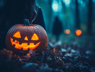 Fototapeta premium Halloween pumpkin decorations lined up at night.