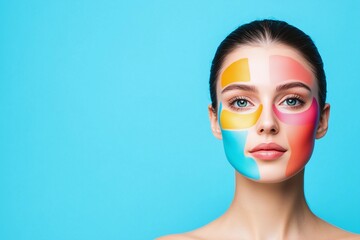 Woman’s Face Divided into Regions Marked by Vibrant Colors for Specific Skincare Procedures