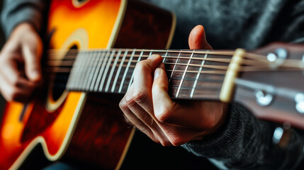 Fototapeta premium A person skillfully playing guitar with sunlight illuminating their hands while practicing outdoors on a vibrant spring afternoon