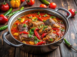 Richly flavored Nigerian soup with an avalanche of colorful peppers, aromatic spices, and tender chunks of meat or fish simmering in a savory broth.