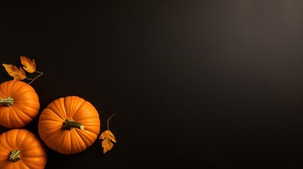 Three Pumpkins and Leaves on a Black Background