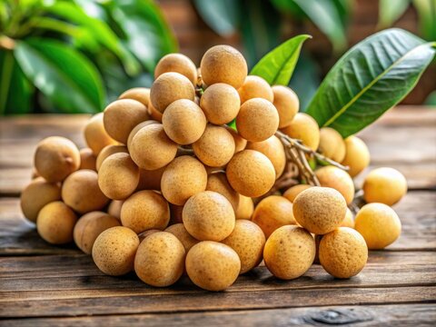 Rounded lanzones fruits rest softly on the wooden table, their vibrant orange-yellow peel glistening with dew, releasing a sweet and tangy aroma.
