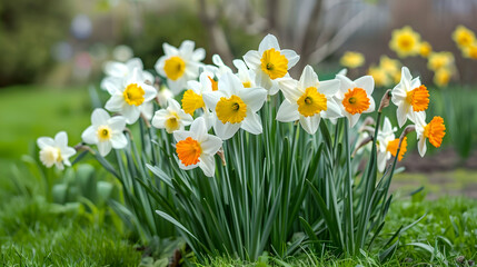 White and Yellow Daffodils Blooming in Spring Garden