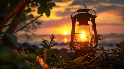 A camping lamp and garden plants against the backdrop of a beach sunset