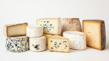 A group of tasty cheese pieces, set against a plain white backdrop.
