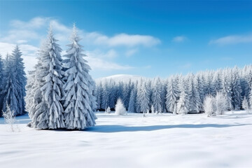 Snow-covered pine trees in bright sunlight