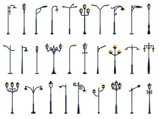 Vintage and modern streetlamps. Classic streetlights, antique lanterns, lights poles and outdoor lamp posts for urban streets and park lighting isolated flat vector illustrations set