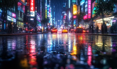 Obraz premium Neon city lights reflected in wet street.