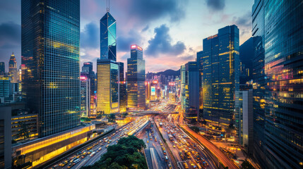 Vibrant cityscape at twilight, showcasing bustling traffic, skyscrapers, and a stunning sunset over the horizon