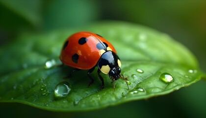 Fototapeta premium A vibrant ladybug, bold red with distinctive black spots, resting on a lush green leaf, showcasing its bright colors against the rich foliage, embodying the beauty of nature
